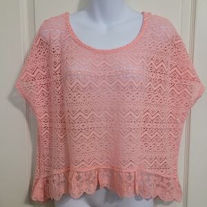 Hollister Flowy Coral Crochet Lace Blouse, High - Low, Cap Sleeve, Sz L, EUC